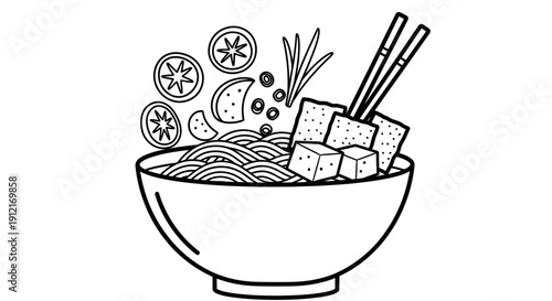 Black and white illustration of a noodle bowl with tofu and vegetables