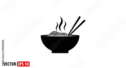 Black bowl of noodles icon with chopsticks and steam on white background