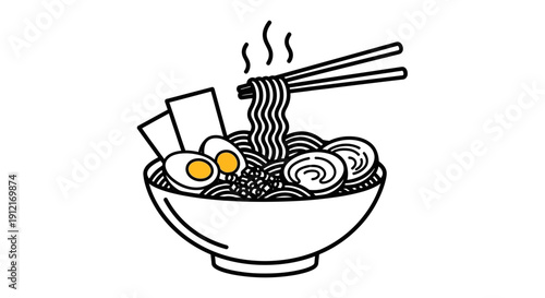 Black and white illustration of ramen noodles in a bowl with chopsticks