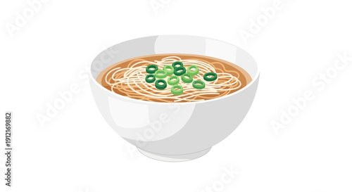 Bowl of japanese noodles with green onions isolated on white background