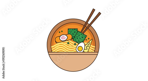Bowl of japanese ramen illustration with chopsticks on white background