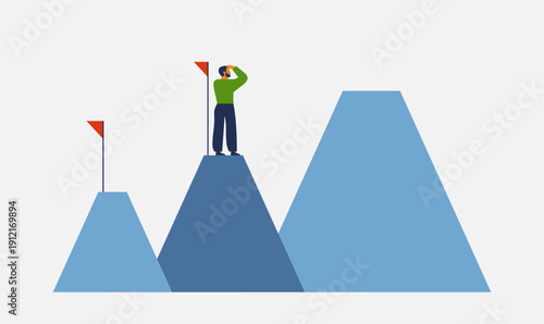 career growth and roadmap. businessman stands on one top of mountain and looking the next. leadership, ambitions, achieve a goal, strategy concept. vector illustration