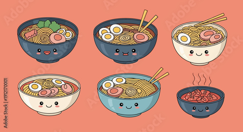Cartoon bowls of ramen with eggs noodles and chopsticks on orange background