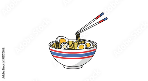 Cartoon character holding chopsticks over bowl of ramen on yellow background