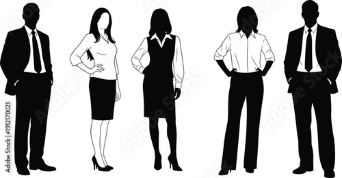 Business men and women silhouettes standing in formal office wear, professional corporate people figures, leadership and teamwork concept illustration
