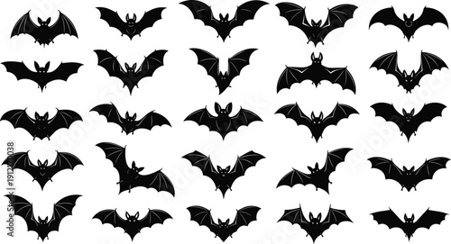 Bat silhouettes, stylized wing shapes, Halloween design, flying animal illustration, minimal vector art, nocturnal wildlife graphic design