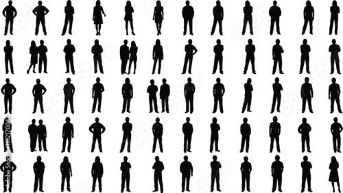 Business people silhouette collection with men and women standing in different poses, professional human figures in black vector set