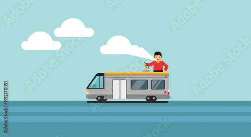 Cartoon man eating noodles on top of a bus under cloudy sky