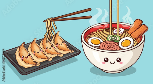 Cartoon ramen and dumplings with chopsticks on light blue background