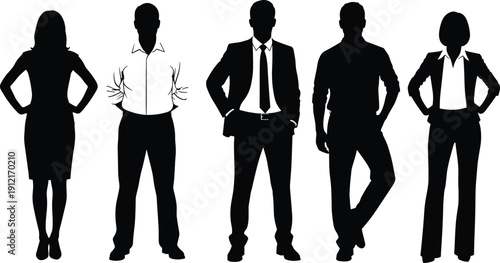 Business people silhouettes standing confidently, men and women in formal office wear, professional corporate team illustration isolated on white
