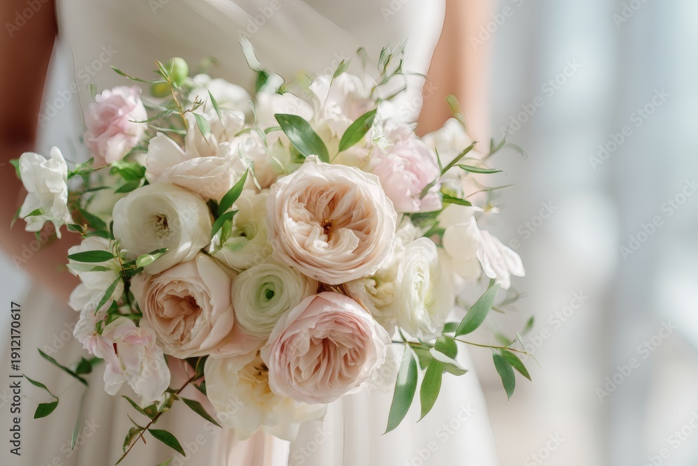 Obraz premium A bride holding an elegant bouquet of flowers. The bouquet contains roses and other various flowers in shades of pink, cream, and white