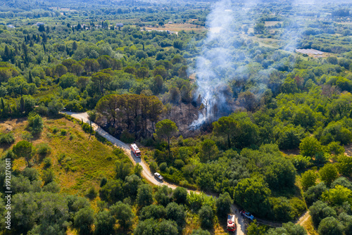 Slika na platnu High-angle drone view of a firefighting operation on a rural road in Greece