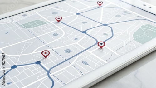 Digital Map Display on Tablet with Location Pins and Transparency