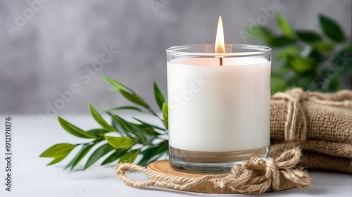Candle placed on table with natural elements and soft lighting in a cozy indoor setting