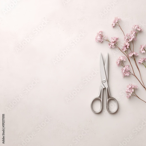 Scissors and pink flowers arranged on a light surface during a creative project