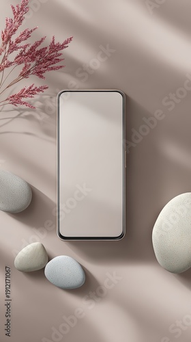 Smartphone rests on simple surface with smooth pebbles and red plant in natural light during afternoon