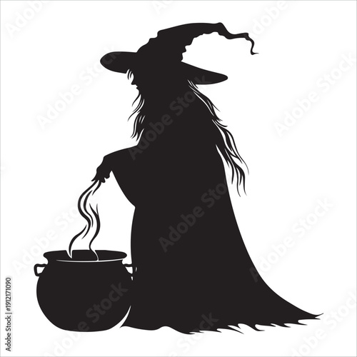 Witch stirring cauldron under bare tree silhouette isolated on white background