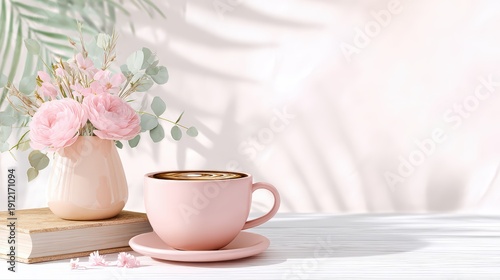 Warm coffee cup sits next to a vase of pink flowers on a light wooden table in a cozy setting with soft shadows