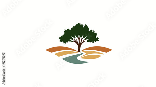 Stylized landscape icon featuring a vibrant green tree, rolling hills, and a winding river path. Nature and environment concept.