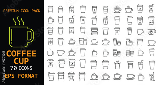 Coffee cup premium icon pack. Hot drink and takeaway beverage line symbols. Mug, espresso and cafe cup designs. Clean outline EPS vector set.