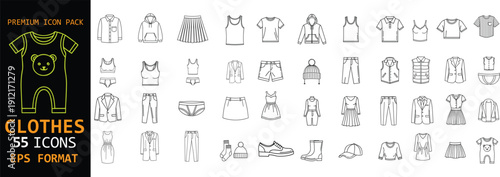 Clothes premium icon pack. Apparel, garments and fashion wear symbols in outline style. Clean vector icons for clothing stores, fashion design and ecommerce projects.