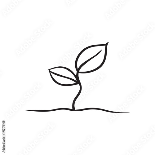 One line drawing logo of single leaf growing from the ground, simple and minimalistic design with white background.
