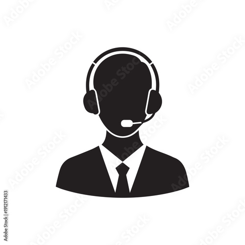 A black silhouette of a suited person wearing a headset and speaking into a microphone
