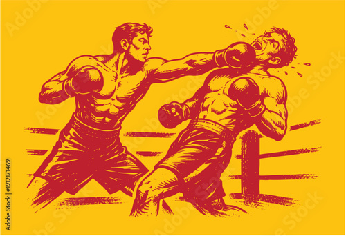 Vintage Boxing Match Illustration – Boxer Throwing Punch in Ring Retro Stencil Style