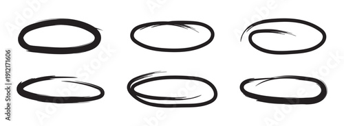 Black hand drawn circle set. Ellipse, round and oval sketched frame collection. Encircle element pack. Red marker note signs for mark, emphasis, accent, highlight. Scribbled doodle borders. Vector
