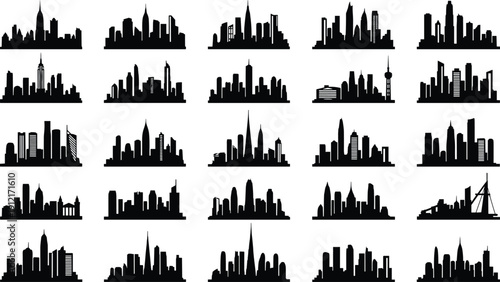 City skyline silhouette collection with modern urban buildings, skyscrapers, downtown architecture, and metropolitan landscapes in black vector set