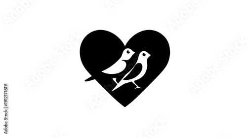 Romantic black heart icon with two white love birds perched inside, symbolizing affection, partnership, and relationships