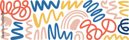 Trendy abstract hand-drawn pattern with blue, coral, and yellow squiggles and loops, creating a dynamic, playful, and joyful contemporary background design.