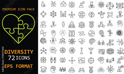 Diversity and inclusion icon pack. Teamwork, equality, human resources, and social unity symbols. Modern outline icons for education, business, and community design. Premium.