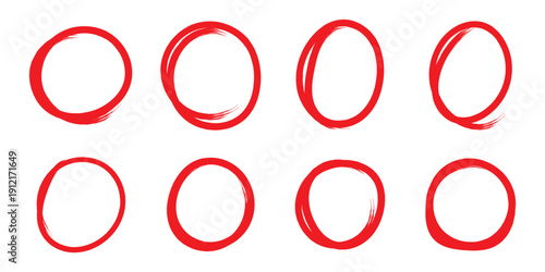 Hand drawn red pen highlight round oval frame set. Handwritten red marker, pencil scribble stroke line oval frame. Brush round frame highlight. Grunge scratch style set. Vector stock illustration