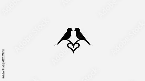 Stylized black silhouette of two love birds perched on a decorative heart shape, representing romance and partnership
