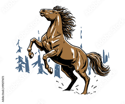 Powerful Wild Horse Rearing in Snowy Winter Forest, Bold Graphic Vector Illustration for Equestrian Logo, Mascot Design, or T-shirt Print.