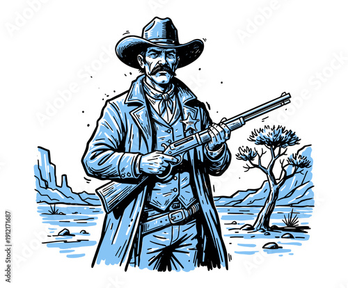 Western Sheriff Gunslinger character with a rifle, vintage monochrome ink sketch style illustration for apparel design, tattoo art, or historical concept.