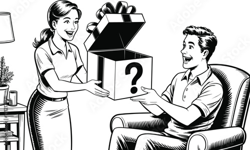 Happy 1950s style couple receiving a mysterious open gift box marked with a question mark, illustrating surprise and joyful anticipation in line art.