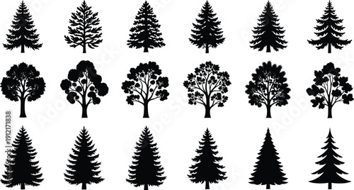 Collection of conifer and deciduous tree silhouettes isolated on white background, black forest set for vector illustration, landscape design, and nature projects
