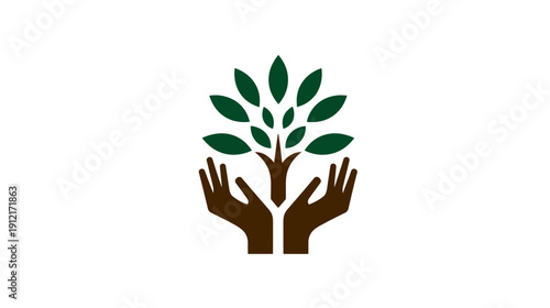 Nurturing hands holding a green tree, symbolizing environmental protection, nature conservation, sustainable growth, and care.