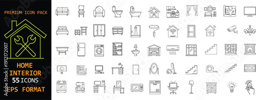 Home interior line icon set. Furniture, household appliances and renovation outline collection. Living room, kitchen and bedroom symbols in EPS format.