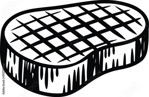 Hand-drawn black and white vector illustration of a premium grilled steak with distinct cross-hatch marks, symbolizing high-quality barbecue and restaurant cuisine.