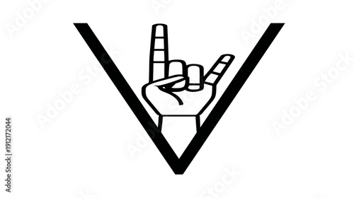 Line art rock on hand gesture in V shape icon. Symbol for music, positive message, victory, or universal love communication.