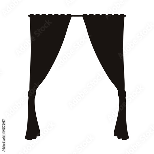 Black silhouette of open curtains, fabric window dressing isolated on white backdrop