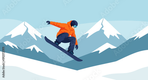 Snowboarder in mid-air performing tricks on a snowy mountain peak with a serene landscape