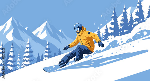 Snowboarder in action on mountain slope with snow-covered trees and peaks