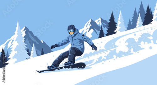 Snowboarder in action on a snowy mountain slope with trees and peaks in the background from a low viewpoint