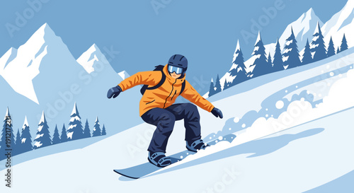 Snowboarder in action on a snowy mountain slope with trees and peaks in the background from a high viewpoint