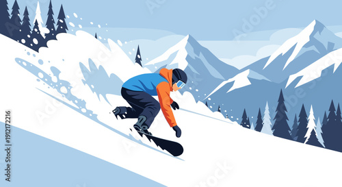 A snowboarder carves down a snowy mountain slope, surrounded by pine trees and majestic snow-capped peaks under a clear blue sky.