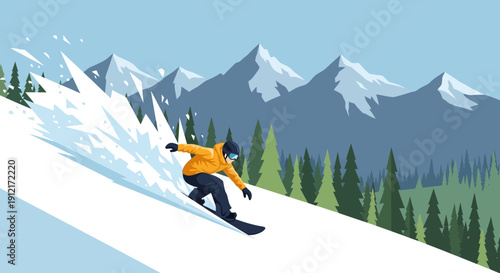 A snowboarder in an orange jacket carves down a snowy mountain slope, surrounded by pine trees and majestic peaks under a clear sky.